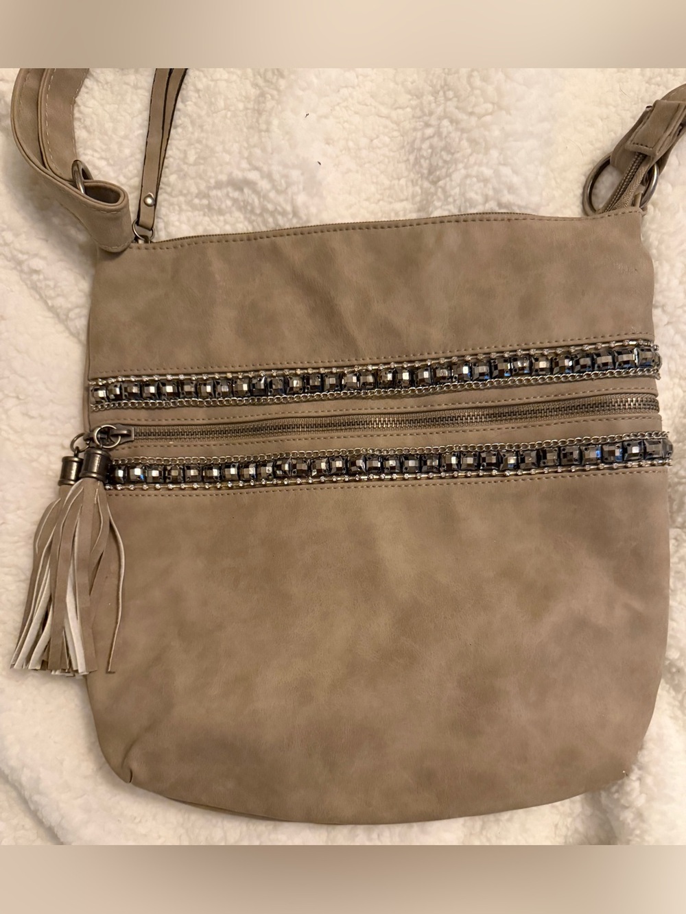 Vintage buckle boutique Taupe Crossbody Bag with Beaded Trim and Tassel f